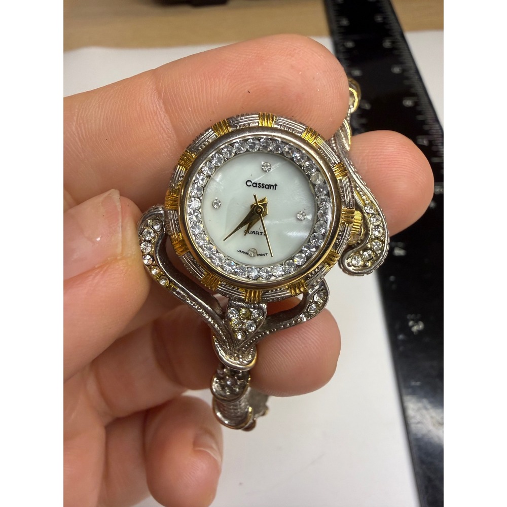 Cassant Womens Two Tone Bangle Watch Mother of Pearl Dial Rhinestone Bezel